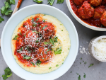 Pork Polpette with tomato sauce, Parmesan polenta and seasonal greens